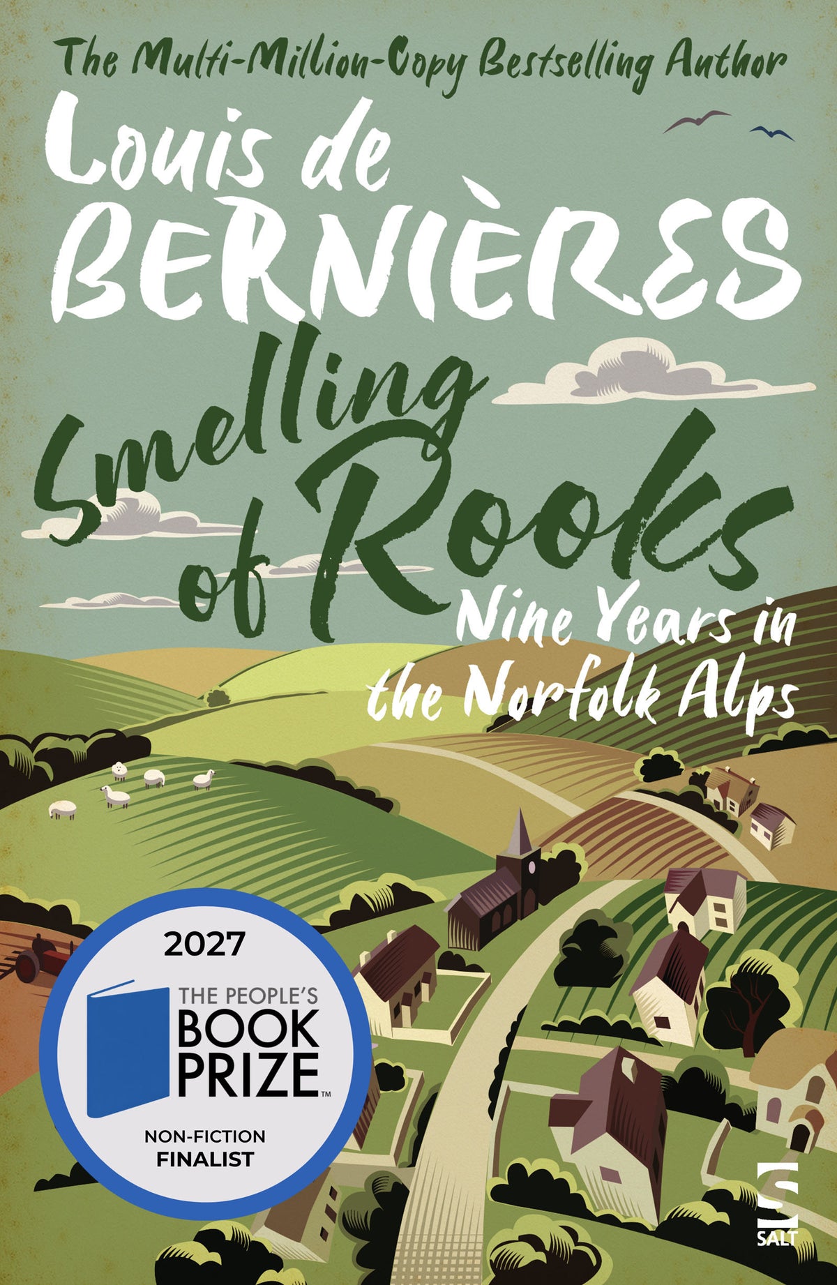 Book cover for 'Smelling of Rooks: Nine Years in the Norfolk Alps' by Louis de Bernières, featuring a stylized illustration of rolling green hills, small houses, and a blue circular 2027 People's Book Prize badge.
