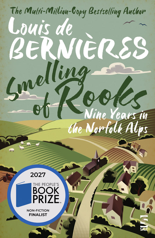 Book cover for 'Smelling of Rooks: Nine Years in the Norfolk Alps' by Louis de Bernières, featuring a stylized illustration of rolling green hills, small houses, and a blue circular 2027 People's Book Prize badge.