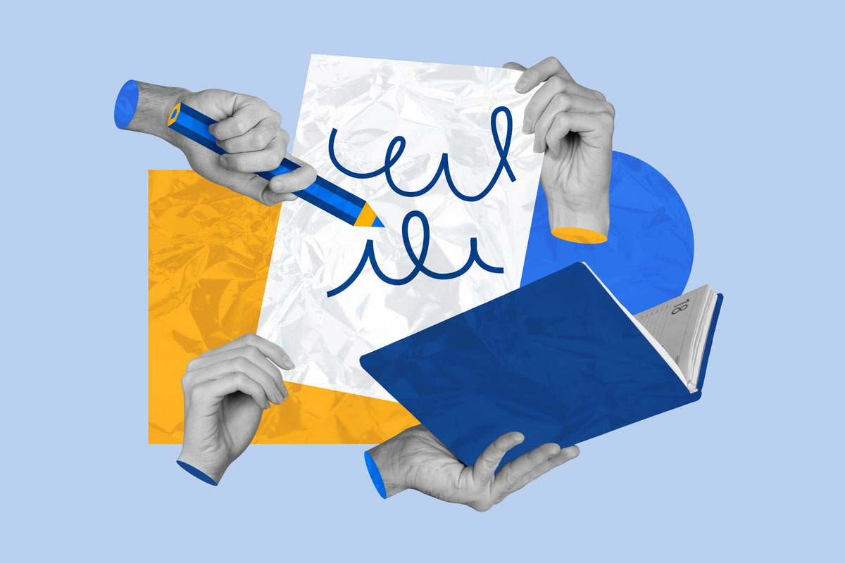 A stylized illustration of four gloved hands holding a white sheet of paper with blue handwritten letters, a blue pen, and a blue notebook against a light blue background with yellow and blue graphic shapes.